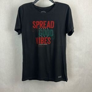 Life Is Good Womens Tshirt Sz Medium Gray Short Sleeve SPREAD GOOD VIBES PEACE L